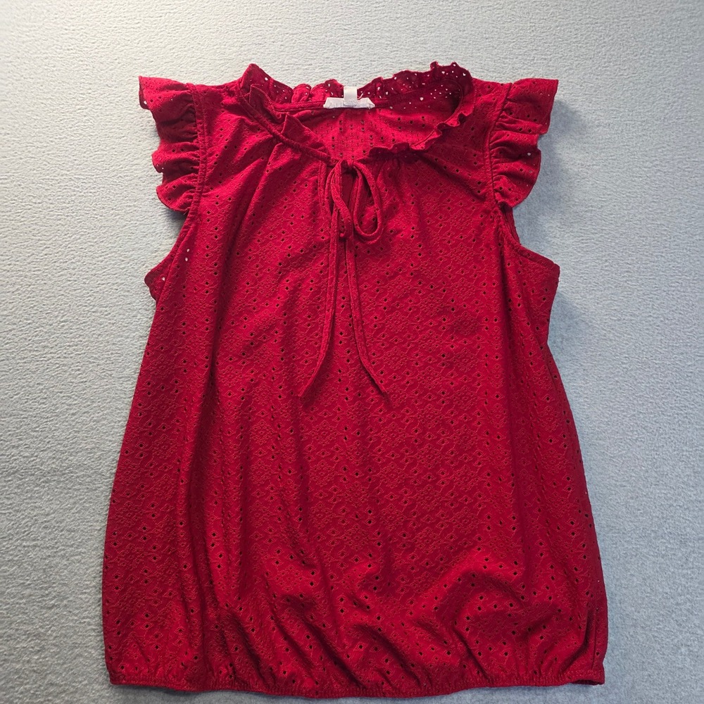 PerSeption Concept Crimson Eyelet Ruffle Tie-Neck Blouse